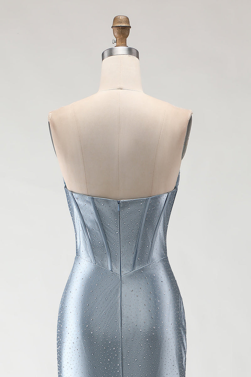 Load image into Gallery viewer, Sparkly Grey Blue Mermaid Long Beaded Corset Prom Dress with Slit