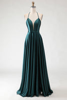 Load image into Gallery viewer, Sparkly Dark Green A Line Halter Neck Long Prom Dress with Slit
