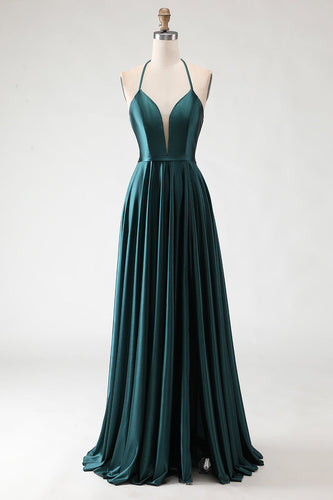 Sparkly Dark Green A Line Halter Neck Long Prom Dress with Slit