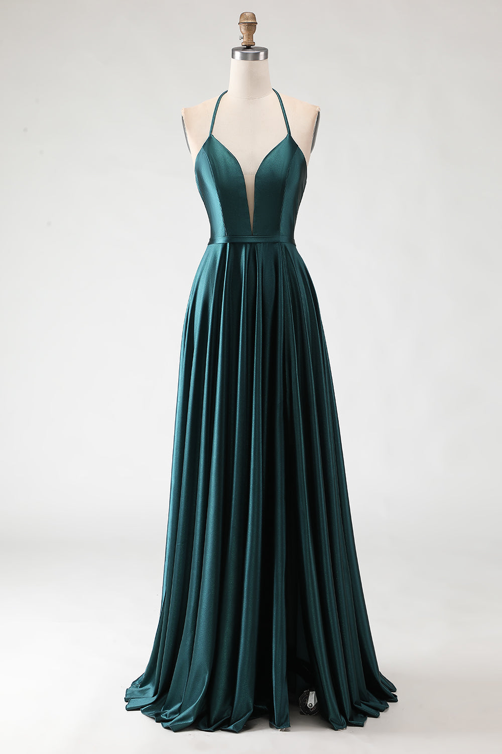 Sparkly Dark Green A Line Halter Neck Long Prom Dress with Slit