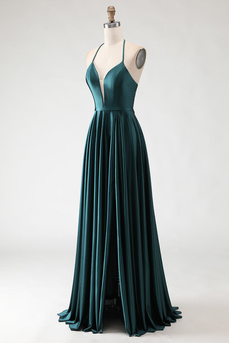Load image into Gallery viewer, Sparkly Dark Green A Line Halter Neck Long Prom Dress with Slit