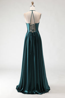 Sparkly Dark Green A Line Halter Neck Long Prom Dress with Slit