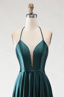 Load image into Gallery viewer, Sparkly Dark Green A Line Halter Neck Long Prom Dress with Slit