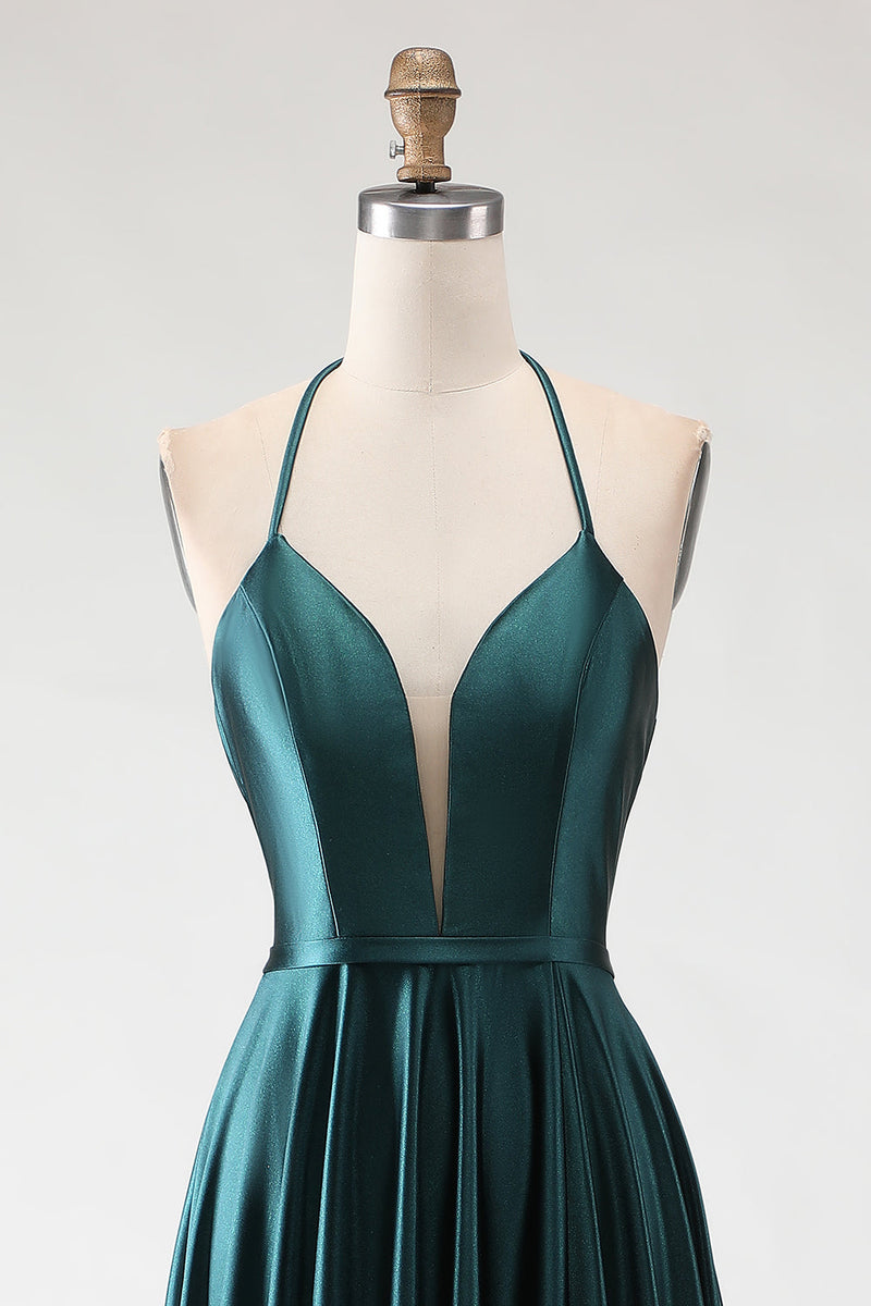 Load image into Gallery viewer, Sparkly Dark Green A Line Halter Neck Long Prom Dress with Slit