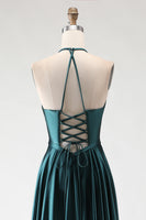 Load image into Gallery viewer, Sparkly Dark Green A Line Halter Neck Long Prom Dress with Slit