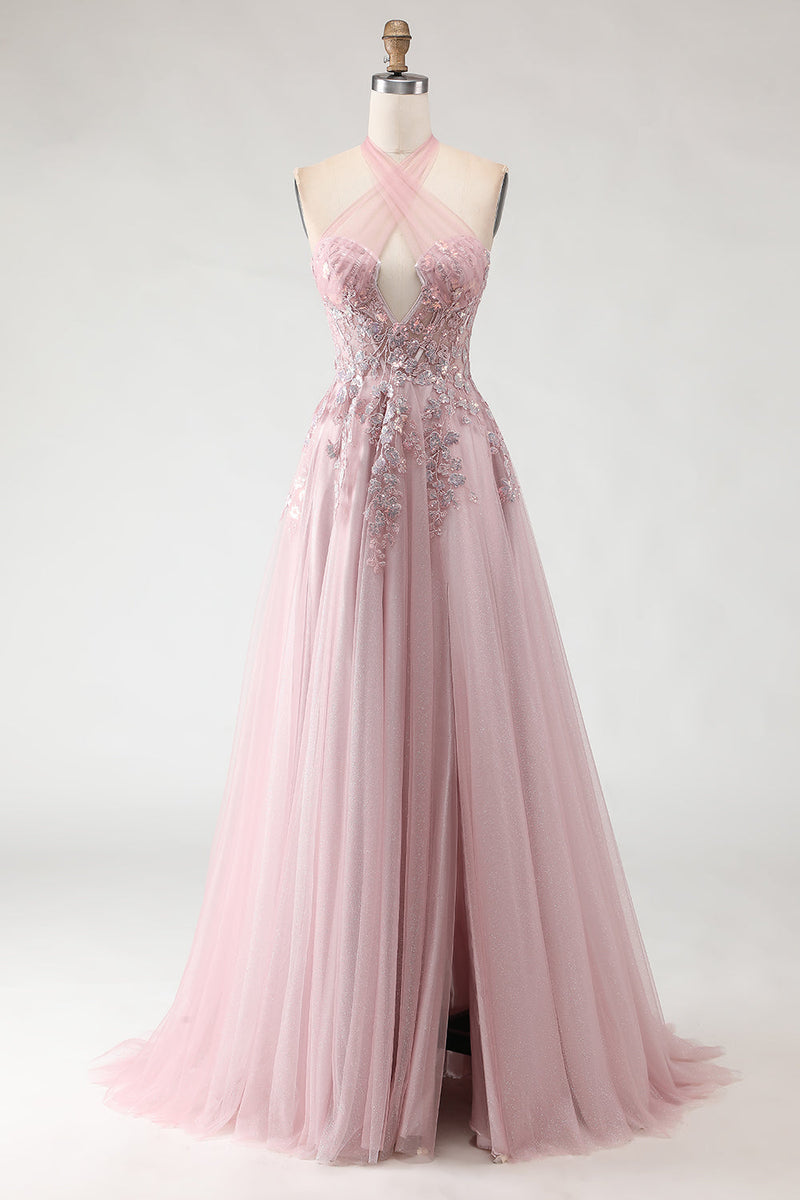 Load image into Gallery viewer, Sparkly Blush Pink A-Line Long Tulle Prom Dress with Appliques
