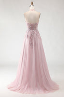 Load image into Gallery viewer, Sparkly Blush Pink A-Line Long Tulle Prom Dress with Appliques