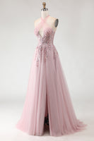 Load image into Gallery viewer, Sparkly Blush Pink A-Line Long Tulle Prom Dress with Appliques