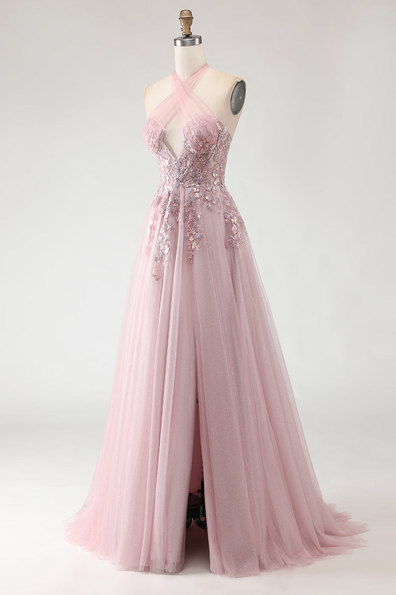 Load image into Gallery viewer, Sparkly Blush Pink A-Line Long Tulle Prom Dress with Appliques