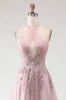 Load image into Gallery viewer, Sparkly Blush Pink A-Line Long Tulle Prom Dress with Appliques