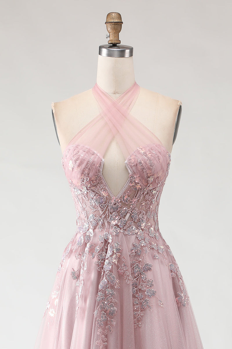 Load image into Gallery viewer, Sparkly Blush Pink A-Line Long Tulle Prom Dress with Appliques