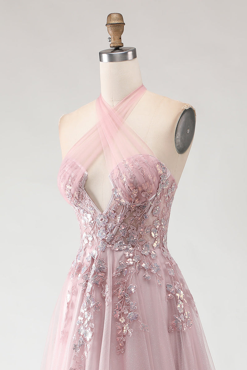 Load image into Gallery viewer, Sparkly Blush Pink A-Line Long Tulle Prom Dress with Appliques