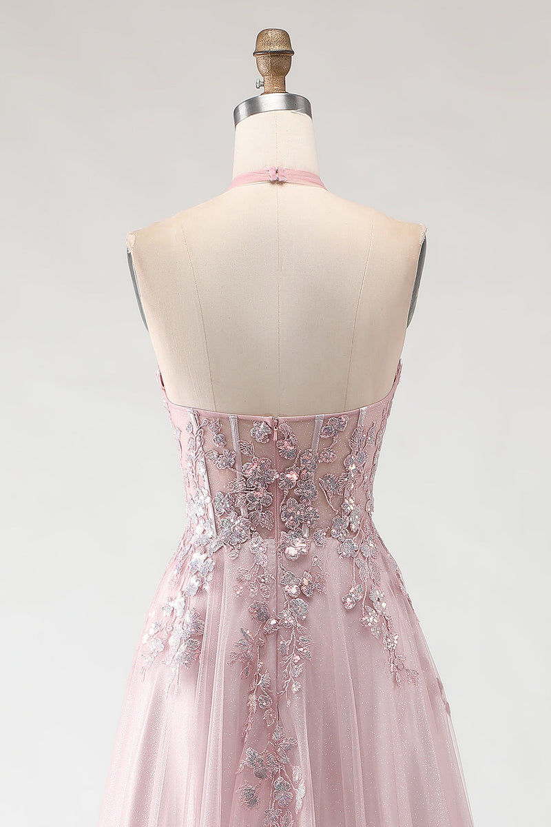 Load image into Gallery viewer, Sparkly Blush Pink A-Line Long Tulle Prom Dress with Appliques