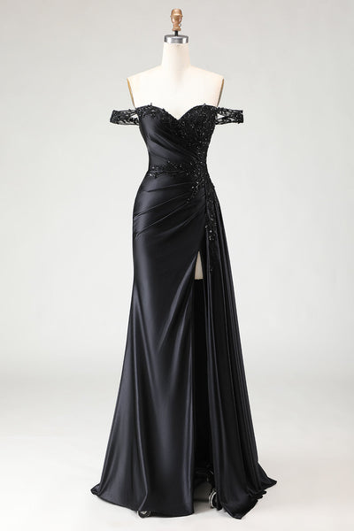Sparkly Black Mermaid Off the Shoulder Long Prom Dress with Slit