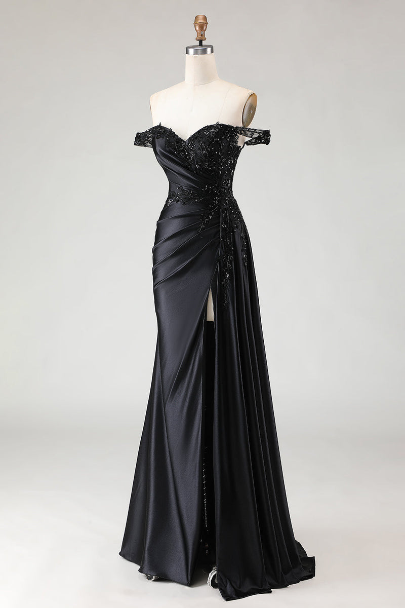 Load image into Gallery viewer, Sparkly Black Mermaid Off the Shoulder Long Prom Dress with Slit