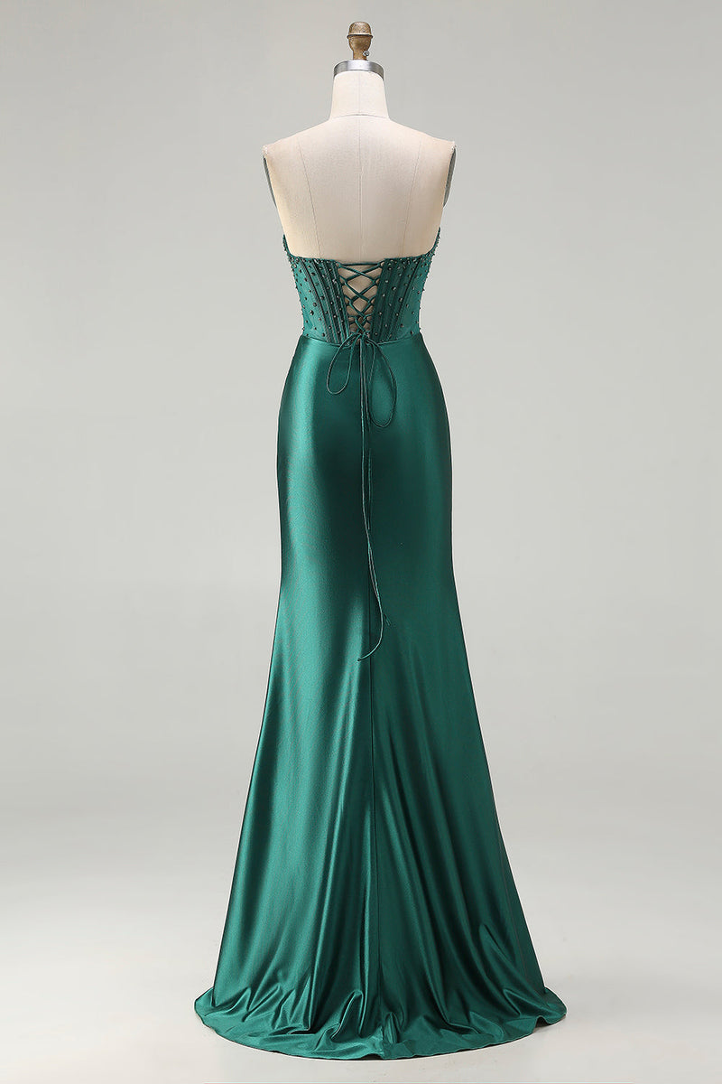 Load image into Gallery viewer, Sparkly Dark Green Mermaid Corset Long Prom Dress with Slit