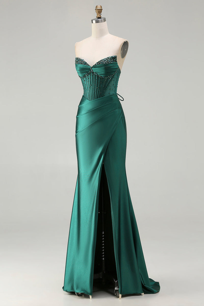 Load image into Gallery viewer, Sparkly Dark Green Mermaid Corset Long Prom Dress with Slit