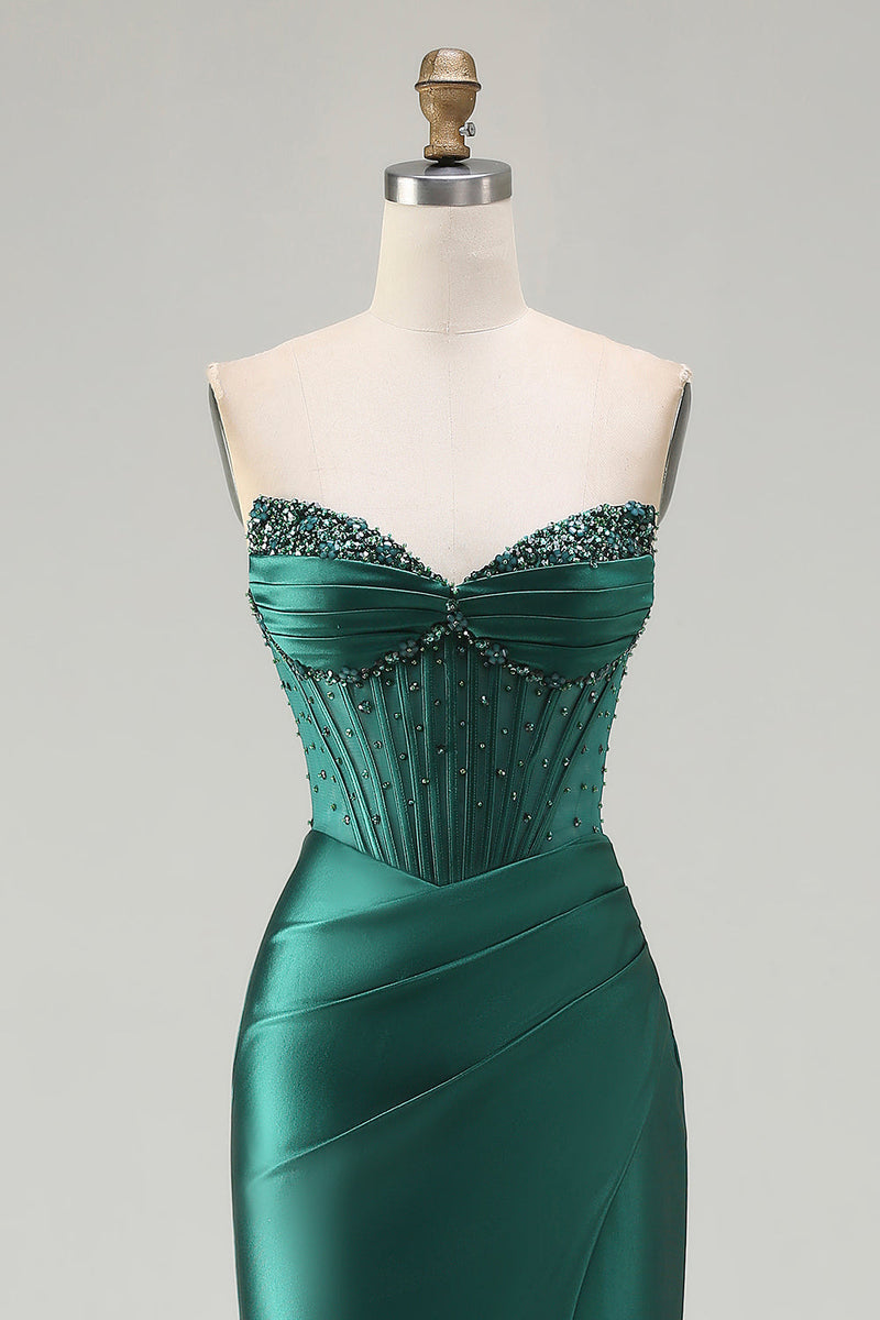 Load image into Gallery viewer, Sparkly Dark Green Mermaid Corset Long Prom Dress with Slit