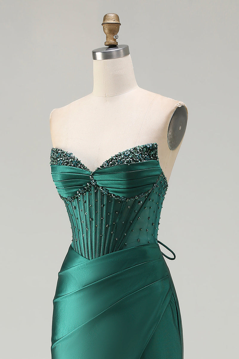 Load image into Gallery viewer, Sparkly Dark Green Mermaid Corset Long Prom Dress with Slit