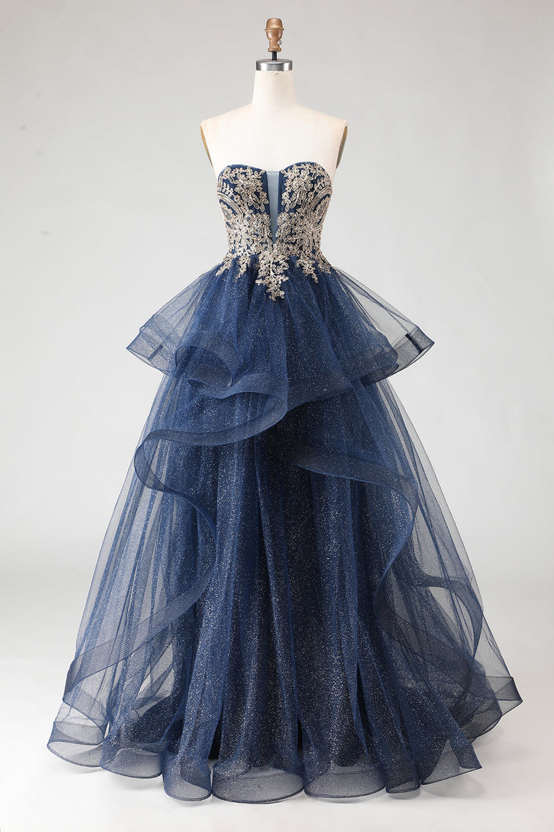 Queendancer Women Sparkly Floral Navy Maxi Prom Dress with Appliques A ...