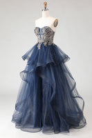 Load image into Gallery viewer, Sparkly Floral Navy A Line Princess Ruffled Long Prom Dress with Appliques