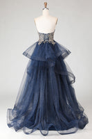 Load image into Gallery viewer, Sparkly Floral Navy A Line Princess Ruffled Long Prom Dress with Appliques
