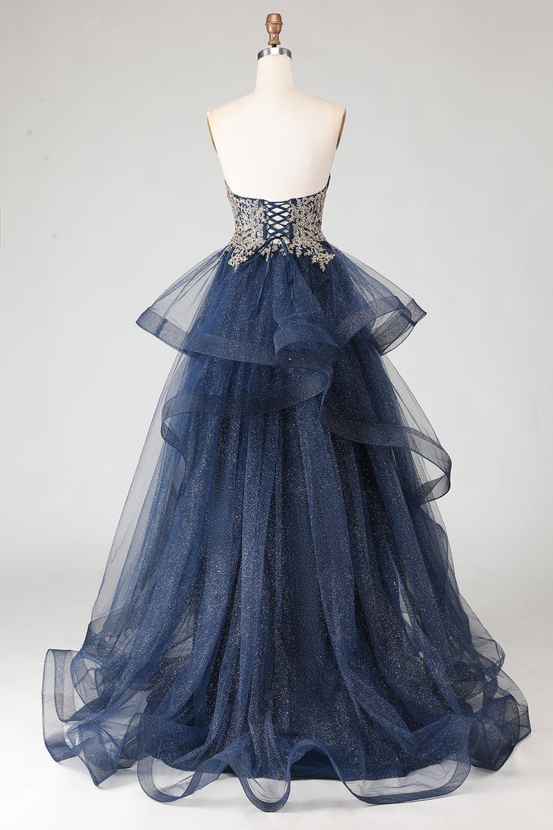 Load image into Gallery viewer, Sparkly Floral Navy A Line Princess Ruffled Long Prom Dress with Appliques