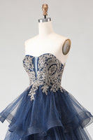 Load image into Gallery viewer, Sparkly Floral Navy A Line Princess Ruffled Long Prom Dress with Appliques