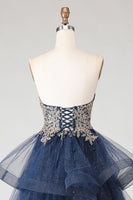 Load image into Gallery viewer, Sparkly Floral Navy A Line Princess Ruffled Long Prom Dress with Appliques