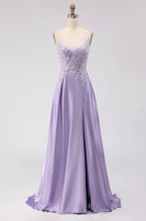 Load image into Gallery viewer, Sparkly Purple A Line Appliqued Satin Long Prom Dress with Slit