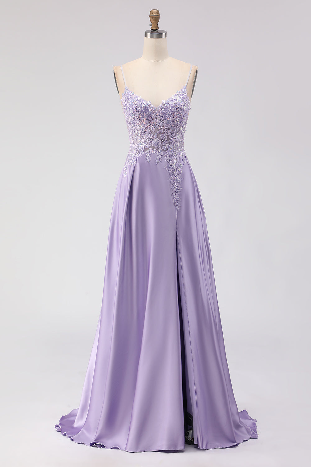 Sparkly Purple A Line Appliqued Satin Long Prom Dress with Slit