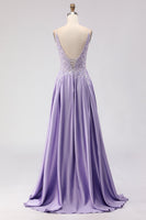 Load image into Gallery viewer, Sparkly Purple A Line Appliqued Satin Long Prom Dress with Slit