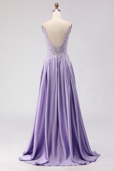 Sparkly Purple A Line Appliqued Satin Long Prom Dress with Slit