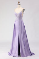 Load image into Gallery viewer, Sparkly Purple A Line Appliqued Satin Long Prom Dress with Slit