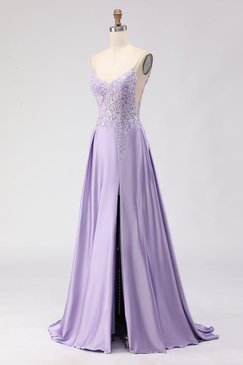 Load image into Gallery viewer, Sparkly Purple A Line Appliqued Satin Long Prom Dress with Slit