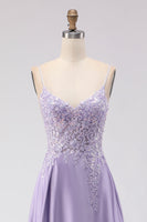 Load image into Gallery viewer, Sparkly Purple A Line Appliqued Satin Long Prom Dress with Slit