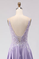 Load image into Gallery viewer, Sparkly Purple A Line Appliqued Satin Long Prom Dress with Slit