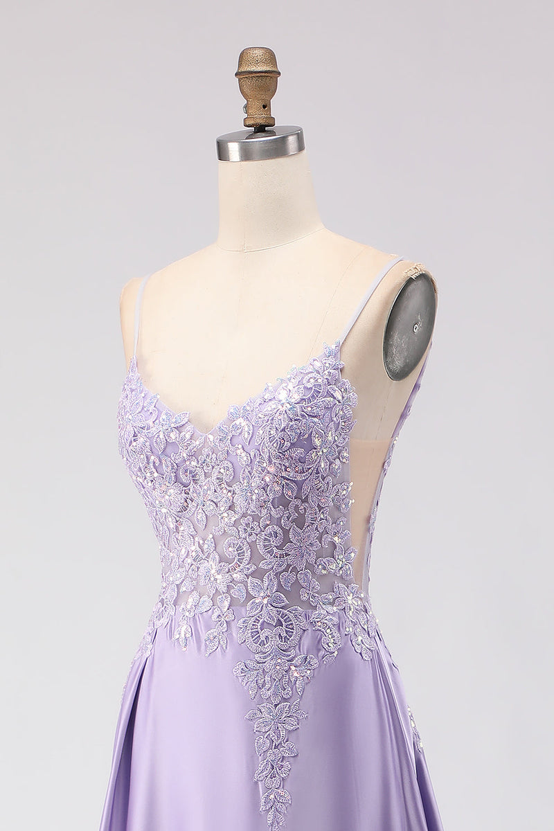 Load image into Gallery viewer, Sparkly Purple A Line Appliqued Satin Long Prom Dress with Slit
