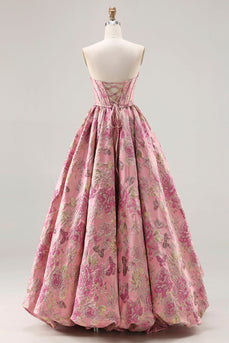 Pink A Line Floral Jacquard Strapless Long Corset Prom Dress