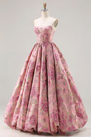 Load image into Gallery viewer, Pink A Line Floral Jacquard Strapless Long Corset Prom Dress