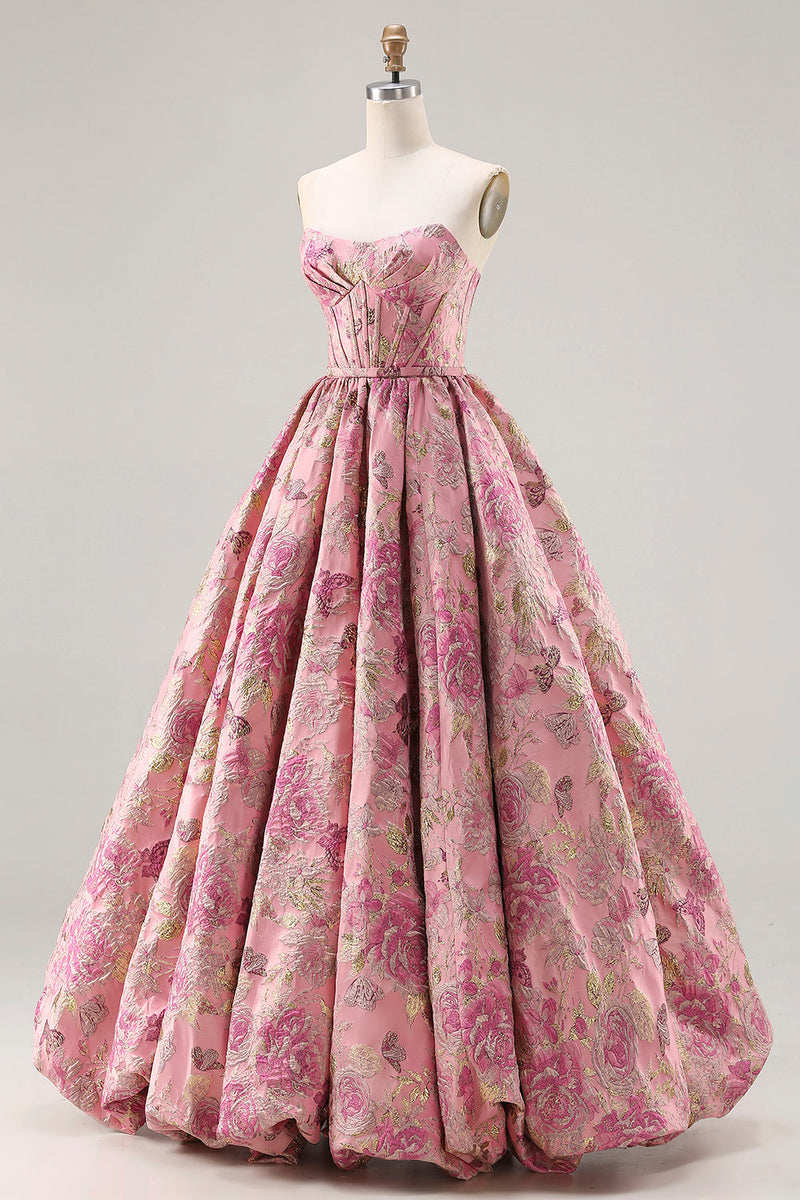 Load image into Gallery viewer, Pink A Line Floral Jacquard Strapless Long Corset Prom Dress
