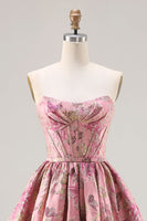 Load image into Gallery viewer, Pink A Line Floral Jacquard Strapless Long Corset Prom Dress