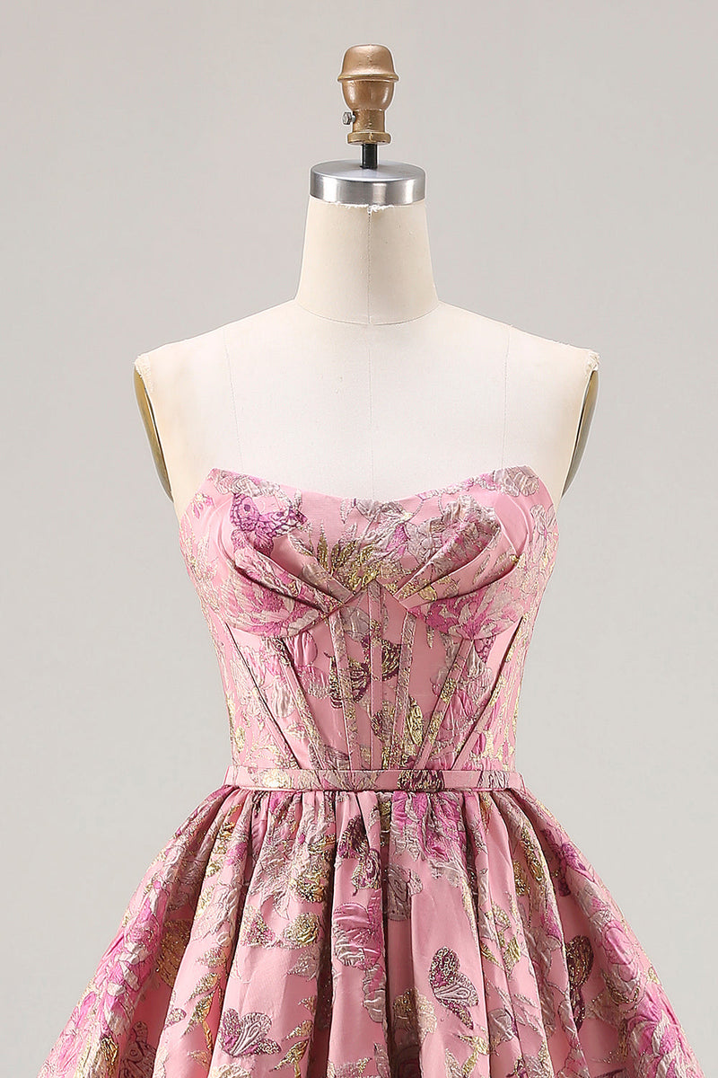 Load image into Gallery viewer, Pink A Line Floral Jacquard Strapless Long Corset Prom Dress