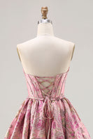 Load image into Gallery viewer, Pink A Line Floral Jacquard Strapless Long Corset Prom Dress