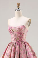 Load image into Gallery viewer, Pink A Line Floral Jacquard Strapless Long Corset Prom Dress