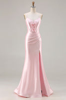 Load image into Gallery viewer, Sparkly Pink Mermaid Ruched Satin Long Corset Prom Dress with Bows