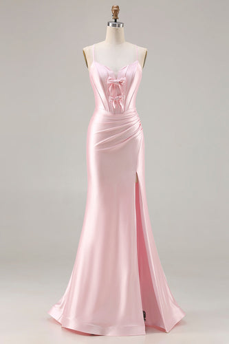 Sparkly Pink Mermaid Ruched Satin Long Corset Prom Dress with Bows