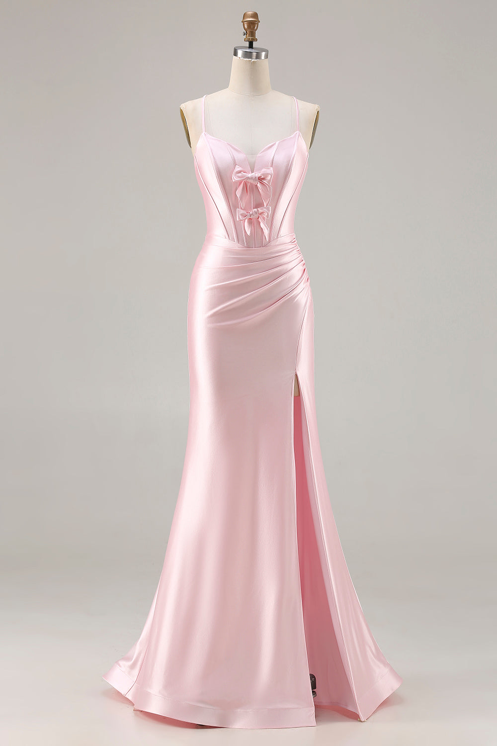 Sparkly Pink Mermaid Ruched Satin Long Corset Prom Dress with Bows