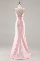 Load image into Gallery viewer, Sparkly Pink Mermaid Ruched Satin Long Corset Prom Dress with Bows