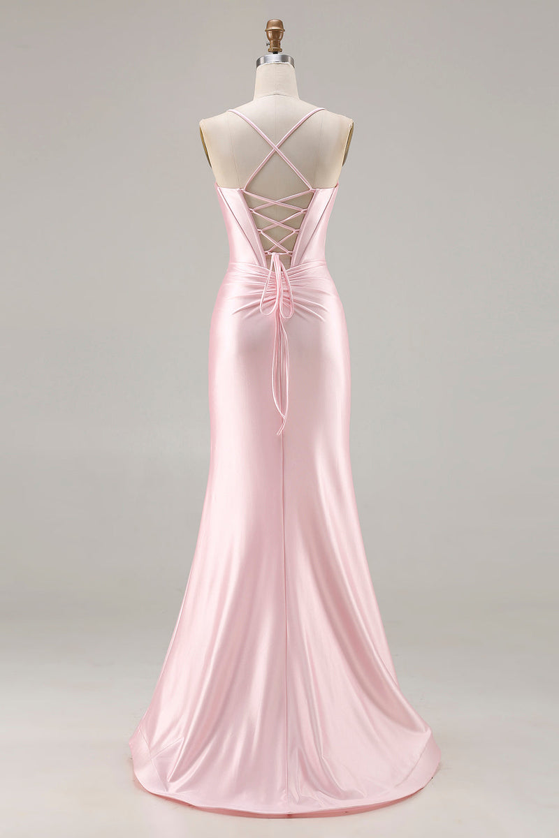 Load image into Gallery viewer, Sparkly Pink Mermaid Ruched Satin Long Corset Prom Dress with Bows